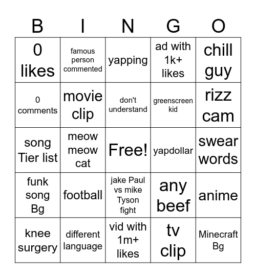 yt shorts bingo Card