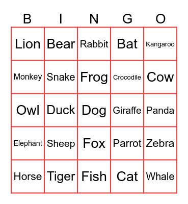 Animals Bingo Card