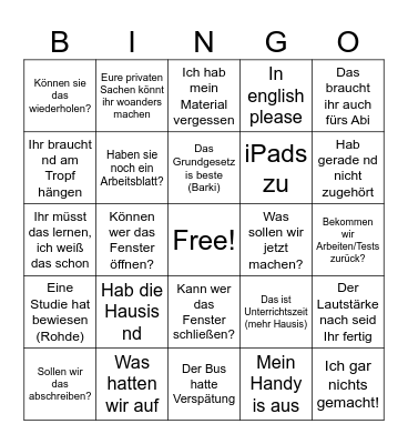 Unterricht Bingo Card