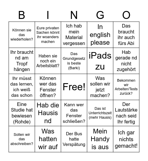 Unterricht Bingo Card