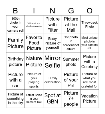 Camera Roll Scavenger Hunt Bingo Card