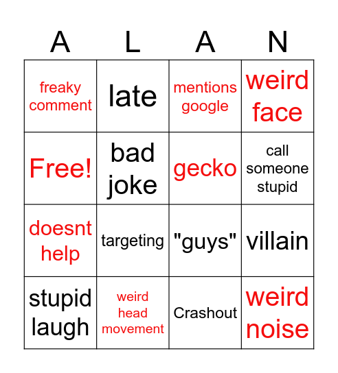 Alan Day bingo Card