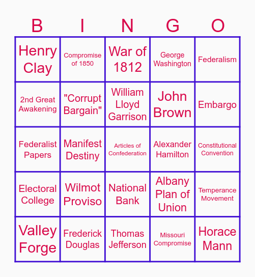 US BINGO Card