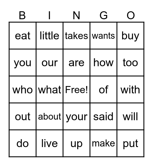 Module 2 Heart Words Bingo Card