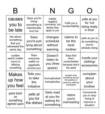 Emotionally Abusive Mother :3 Bingo Card