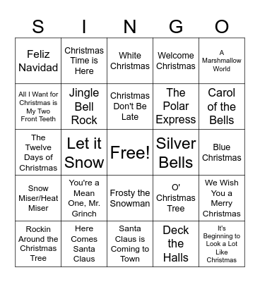 Christmas Music Singo Bingo Card