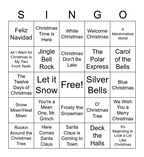 Christmas Music Singo Bingo Card