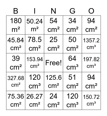 Area and Volume Bingo Card