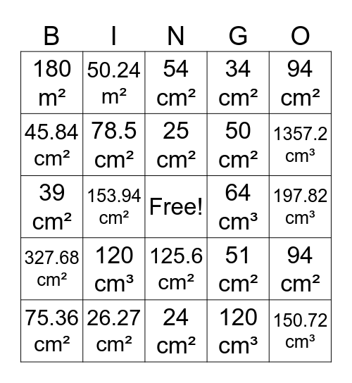 Area and Volume Bingo Card