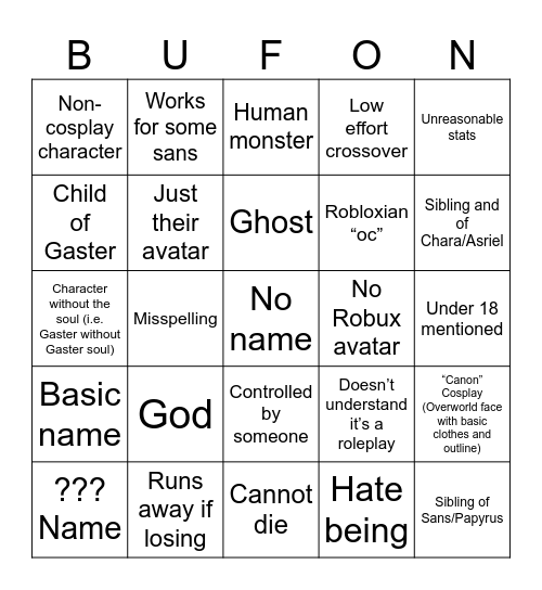 Buffoon Insanity Bingo Card