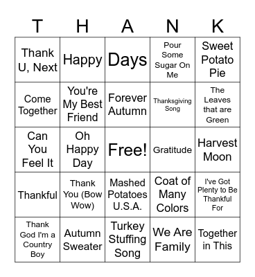 Thanksgiving/Fall/Food Music BINGO Card