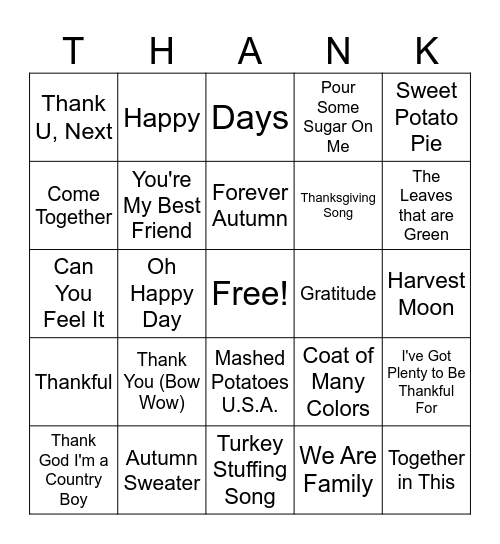 Thanksgiving/Fall/Food Music BINGO Card