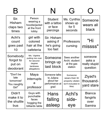 Daily Life of an DMU Student Bingo Card