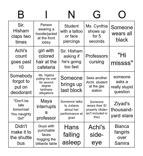 Daily Life of an DMU Student Bingo Card