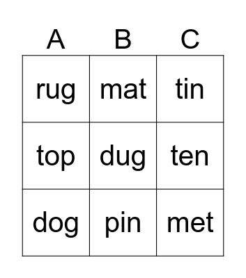 Short Vowel 1 Bingo Card