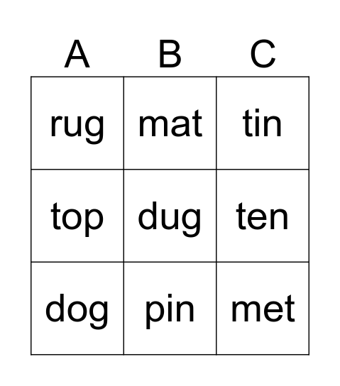 Short Vowel 1 Bingo Card