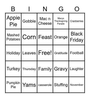 Thanksgiving BINGO Card