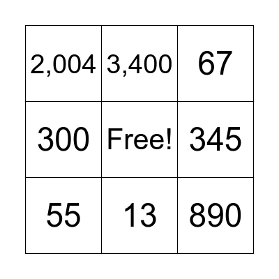 Numbers Bingo Card