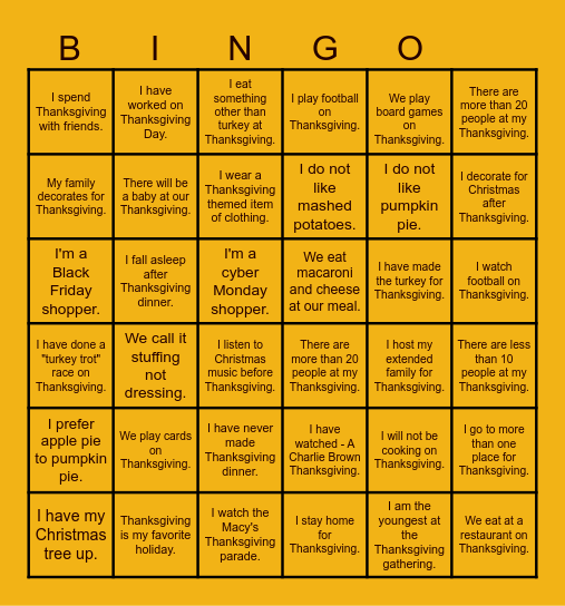 Thanksgiving is Near! BINGO Time! Bingo Card