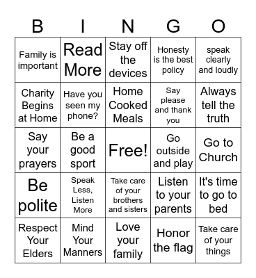 Lessons from grandparents Bingo Card