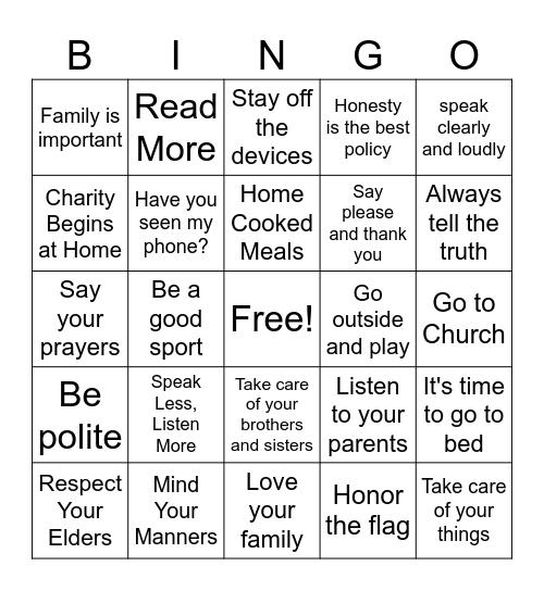 Lessons from grandparents Bingo Card