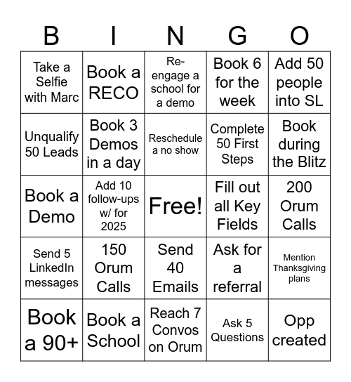 Cold Call Bingo Card