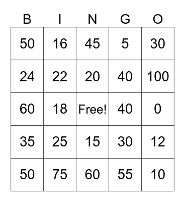 Bingo Multiplication Fun Bingo Card