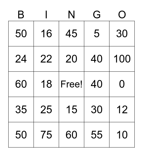 Bingo Multiplication Fun Bingo Card