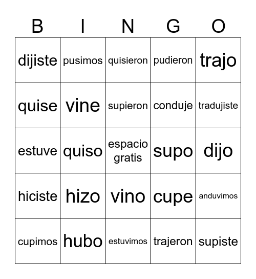 irregular stem preterite Bingo Card