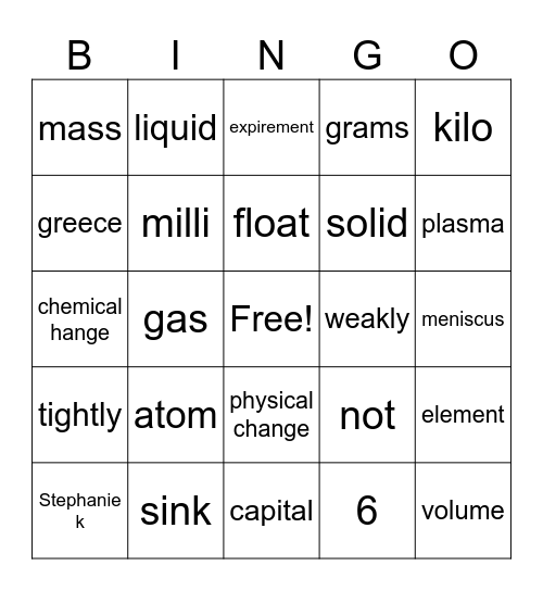 science Bingo Card