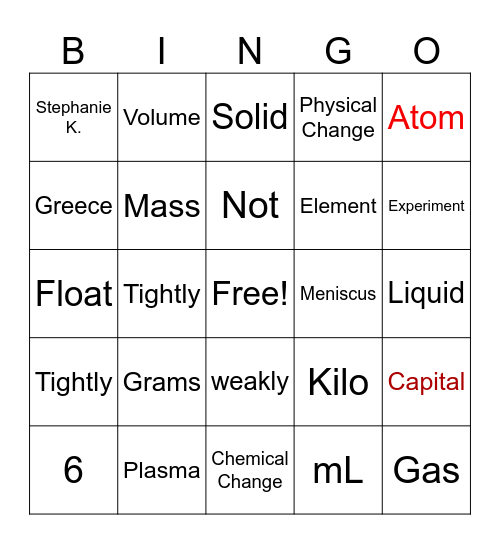 Science Bingo Card