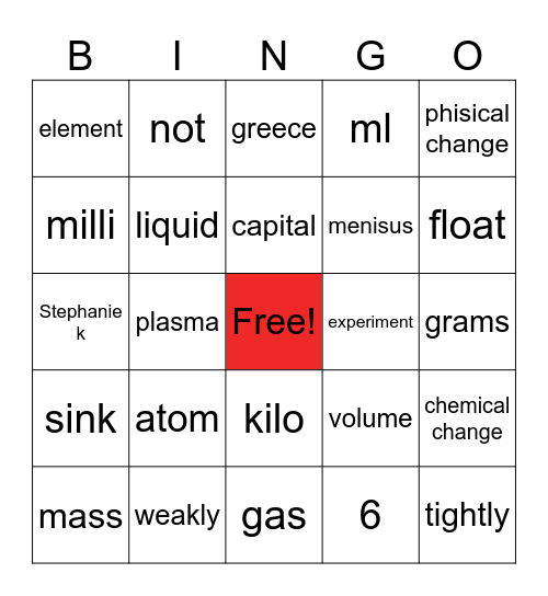 science Bingo Card