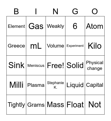 Sceince Bingo Card