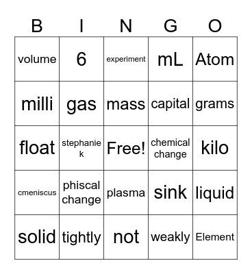 science Bingo Card