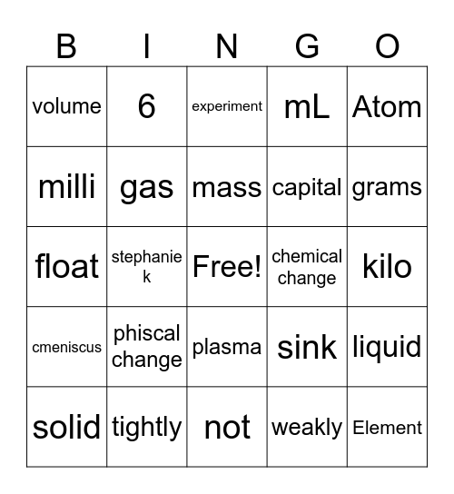 science Bingo Card