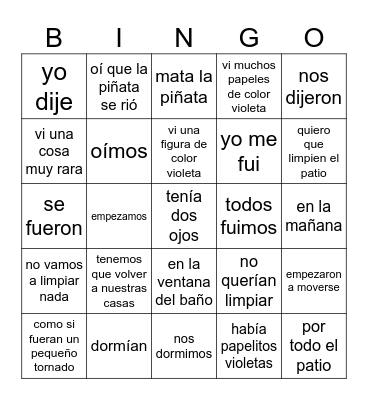 Mata la piñata 4- pasado Bingo Card