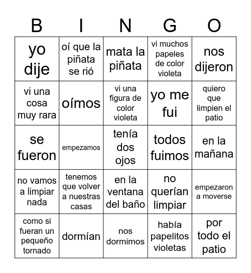 Mata la piñata 4- pasado Bingo Card