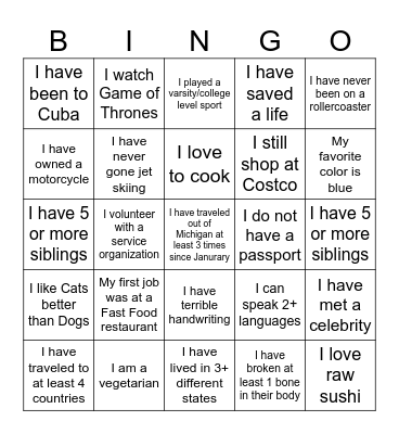 GET TO KNOW YOU Bingo Card