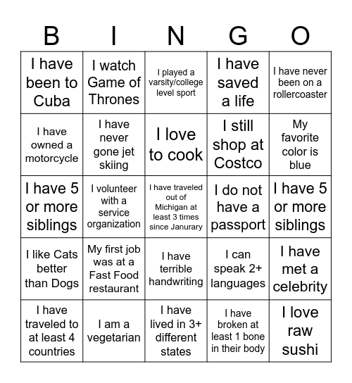 GET TO KNOW YOU Bingo Card