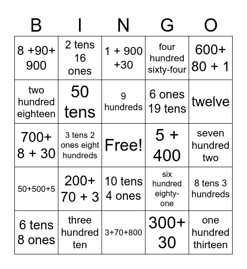 Place Value Bingo Card