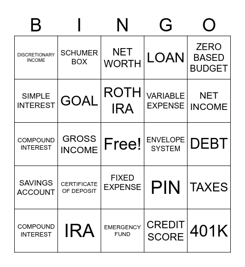 FINANCIAL LITERACY BINGO Card