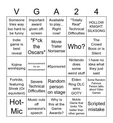 The Video Game Awards 2024 Bingo Card