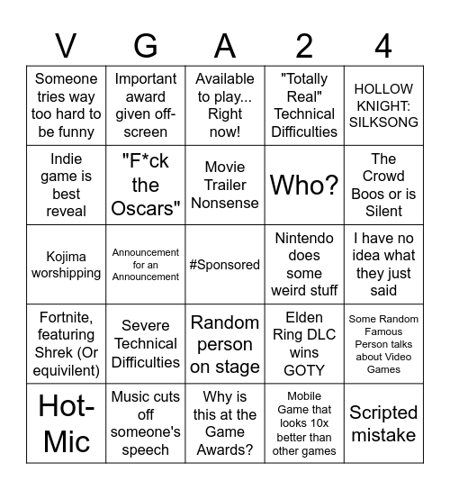 The Video Game Awards 2024 Bingo Card