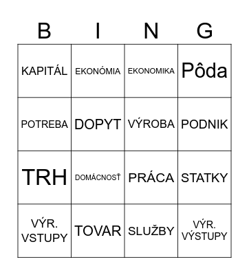 Základné ekonomické pojmy Bingo Card