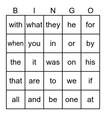 Heart Word Bingo Card