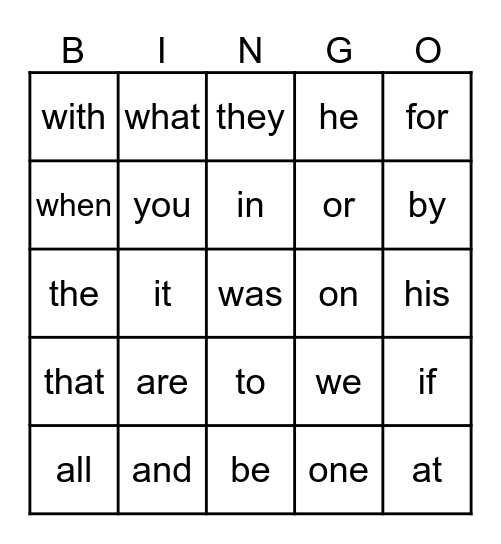 Heart Word Bingo Card