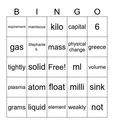 science Bingo Card