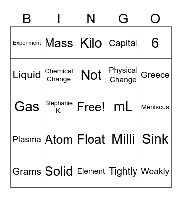 Science Bingo Card