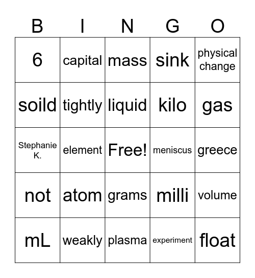 science Bingo Card