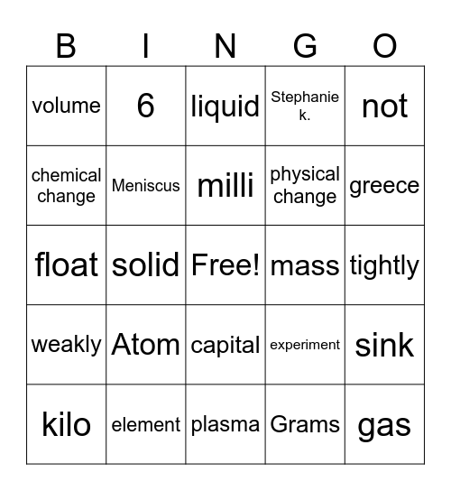 Scence Bingo Card